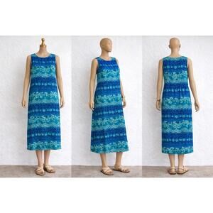 R&K Originals Women’s Size 8 Blue Floral Midi Dress Sleeveless A-Line Sheer Over